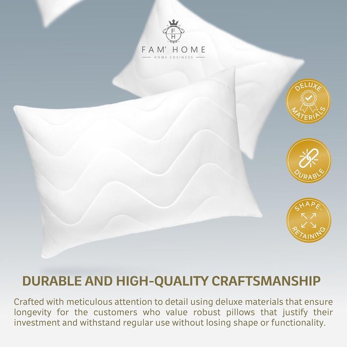 Розкішна подушка FAM&39 Home 60x70 см, комплект з 2 шт. подушка з об&39ємним наповнювачем (820 г) ергономічні білі подушки для сну легкий догляд гіпоалергенна подушка 60 x 70 см, можна прати при температурі до 95 C дихаюча, комплект з 2 шт., 60 x 70 см