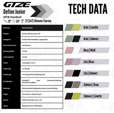 Дитячий гірський велосипед Goetze Define Junior 24 дюйми Перемикач швидкостей на 21 швидкість Алюмінієва рама Амортизаційна вилка Передні та задні дискові гальма Для віку 814 років 90 попередньо зібраний Чорний Лаймовий