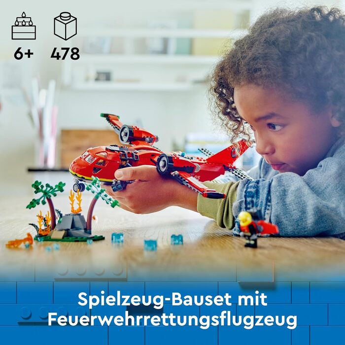 Пожежний літак LEGO City, пожежний набір з іграшковим літаком для дітей, будівельний набір з 3 фігурками пожежників та пожежним фоном, чудова ідея для подарунка для хлопчиків та дівчаток віком від 6 років 60413