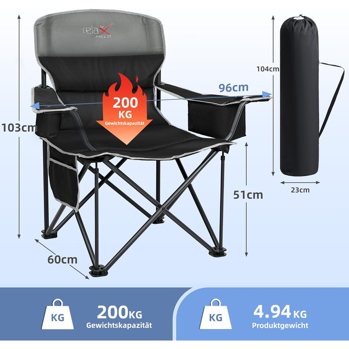 Складане кемпінгове крісло, вантажопідйомність 200 кг, з тримачем для напоїв та сумкою-холодильником, складне кемпінгове крісло, складне рибальське крісло з високою спинкою, чорне