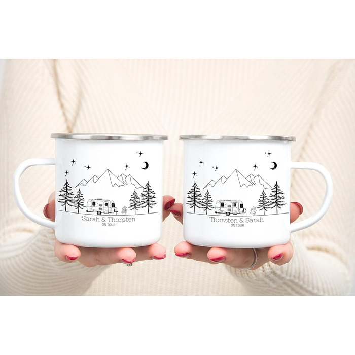 Емальована кружка, ретро-стиль, кемпінговий посуд для каравану/кемперу, персоналізована кемпінгова кружка з назвою, кавова кружка, аксесуар для автофургона/кемперу, кружка з нержавіючої сталі, подарунок для кемперів