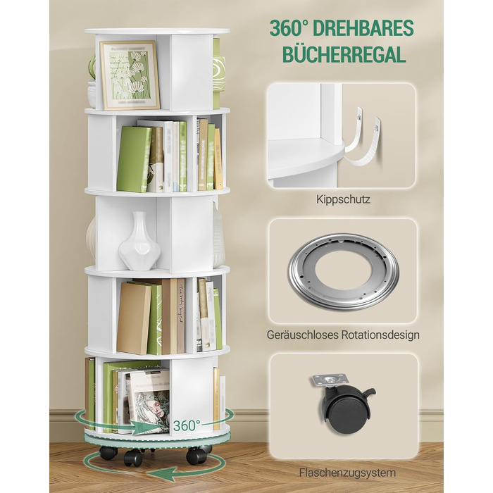 Книжкова полиця Hzuaneri, поворотна на 360, 5-рівнева вертикальна полиця для зберігання, сучасна окремостояча полиця, декоративна полиця на колесах, для вітальні, кабінету, офісу, 45 x 45 x 161,5 см, біла BC54003X