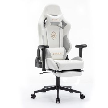 Ігрове крісло, біла шкіра, ігрове крісло з мікрофібри з підставкою для ніг, гоночне ігрове крісло з регульованими підлокітниками, поперекова подушка, підголівник, вантажопідйомність 180 кг, штучна замша - сталеві ніжки, білі