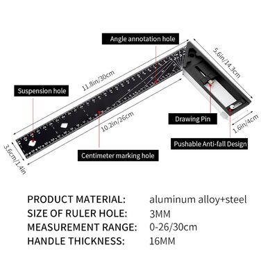Кутник столярний, комбінований кутник 30,5 см (12 дюймів), регульований кут 30-90 градусів, упорний кут, столярний інструмент з алюмінієвого сплаву для вимірювальної мітки (чорний)