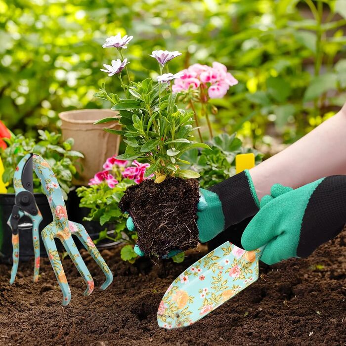 Набір садового інструменту з квітковим принтом (4 шт.) ідеальний подарунок для садівників, включає лопатку, секатор, граблі, рукавицю та інші аксесуари для догляду за садом, колір зелений