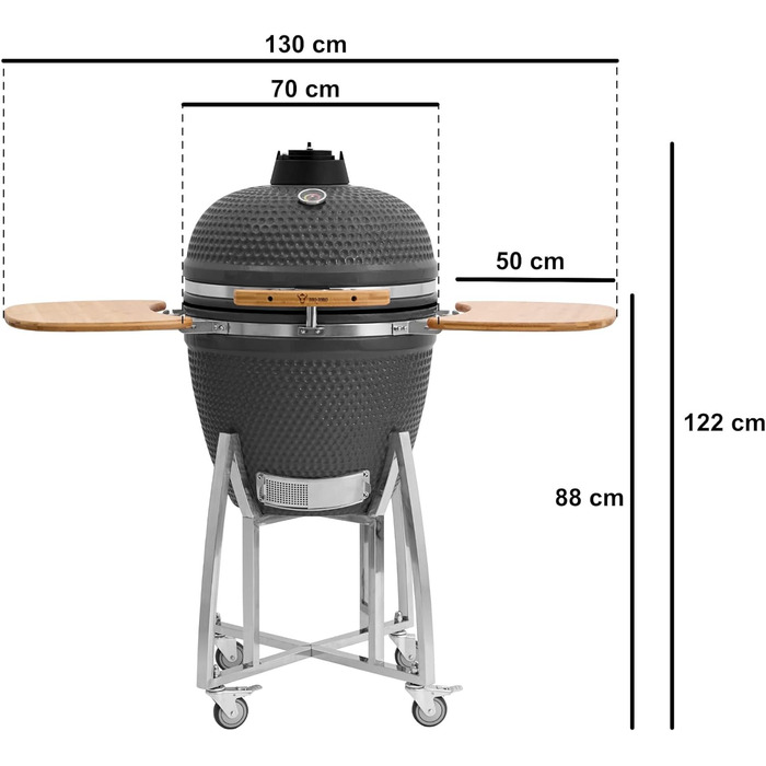 Гриль камадо Ø 52 см KURO, сірий вугільний гриль з бамбуковою полицею, термометром, дерев'яною ручкою, коліщатками керамічний грил