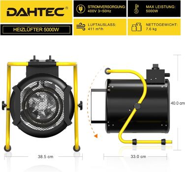 Промисловий обігрівач з вентилятором потужністю 5000 Вт для великих приміщень з термостатом та 3 режимами нагріву, будівельний обігрівач, сушарка для будівель, вентилятор з портативною ручкою для гаража, будівельного майданчика