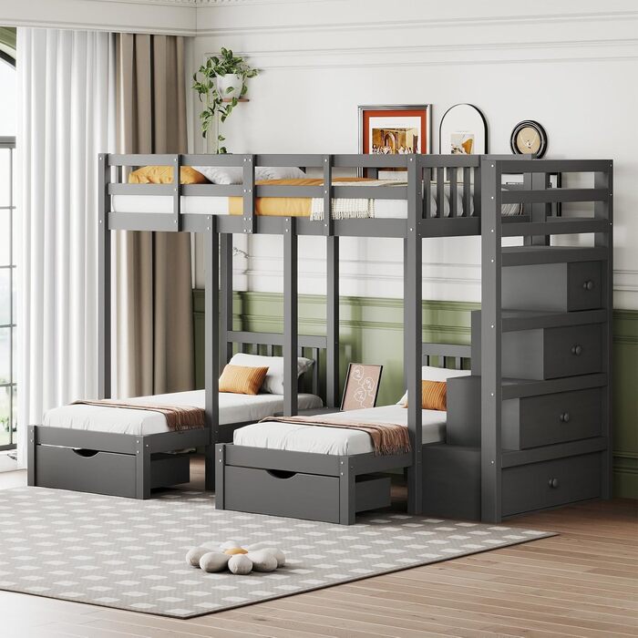 Двоярусне ліжко Billg 200x90 см для 3 дітей, дитяче ліжко із захистом від падіння, ліжко-горище з висувними ящиками, тумбочками і