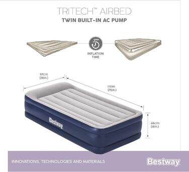 Надувний матрац Bestway Tritech, Vento, 191 x 97 x 46 см, одномісний, із вбудованим електричним насосом