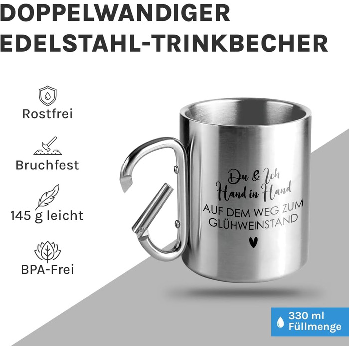 Моменти, проведені рука в руці біля кіоску з глінтвейном Чашка з нержавіючої сталі з карабіном Ідея подарунка 330 мл Чашка Для кемпінгу Ключки Срібна без кришки