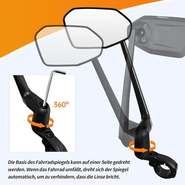 Велосипедне дзеркало, нове функціональне велосипедне дзеркало заднього виду з контрольованим напрямком висування, HD справжнє скло для електросамоката, велике велосипедне дзеркало з обертанням на 360 для керма електровелосипеда ліве (22,2-25,4 мм)