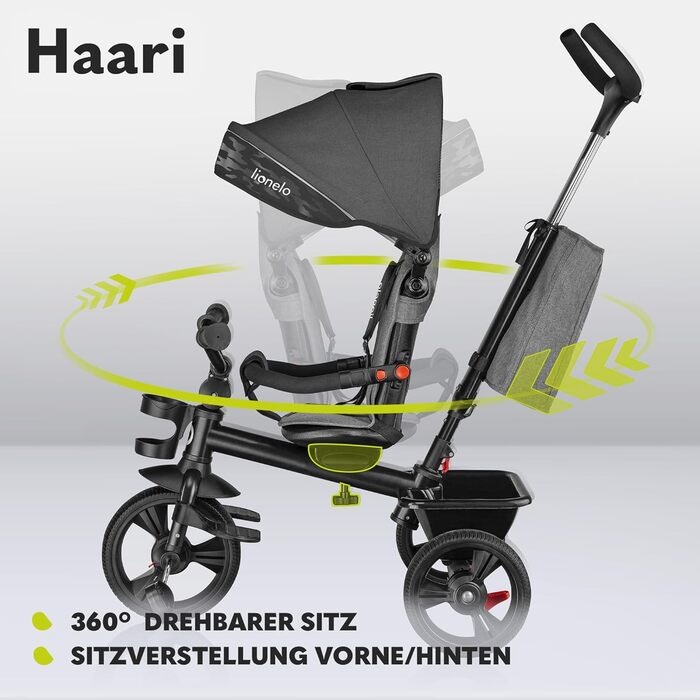 Триколісний велосипед LIONELO Haari 2в1 з прогулянковою ручкою від 18 місяців до 25 кг, передній і задній хід, безкамерні гумові ш