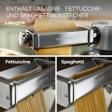 Набір макаронних виробів Kenwood MAX980ME аксесуари для кухонних комбайнів Kenwood, електрична макаронна машина з роликом для лазаньї та насадкою для спагетті та фетучіні, нержавіюча сталь, мультиупаковка срібла