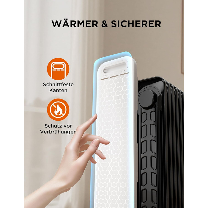 Масляний радіатор Midea, портативний електричний обігрівач потужністю 2000 Вт з 9 ребрами, поворотною ручкою керування та регульованим термостатом, 3 режими нагріву, захист від перекидання та перегріву, надзвичайно тихий для офісу та дому 9 ребер Поворотн