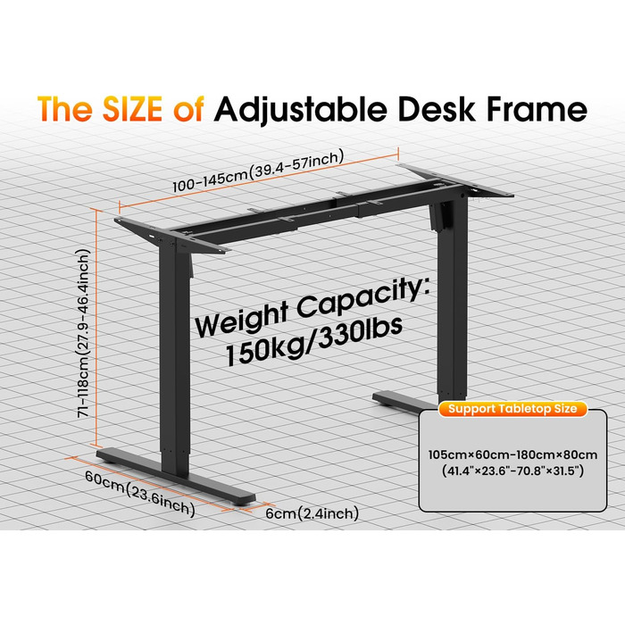 Електрична настільна рама з регулюванням висоти, регульована по висоті настільна підставка з портом USB-C, функцією пам&39яті та функцією запобігання зіткненням, 2 двигуни, чорний колір