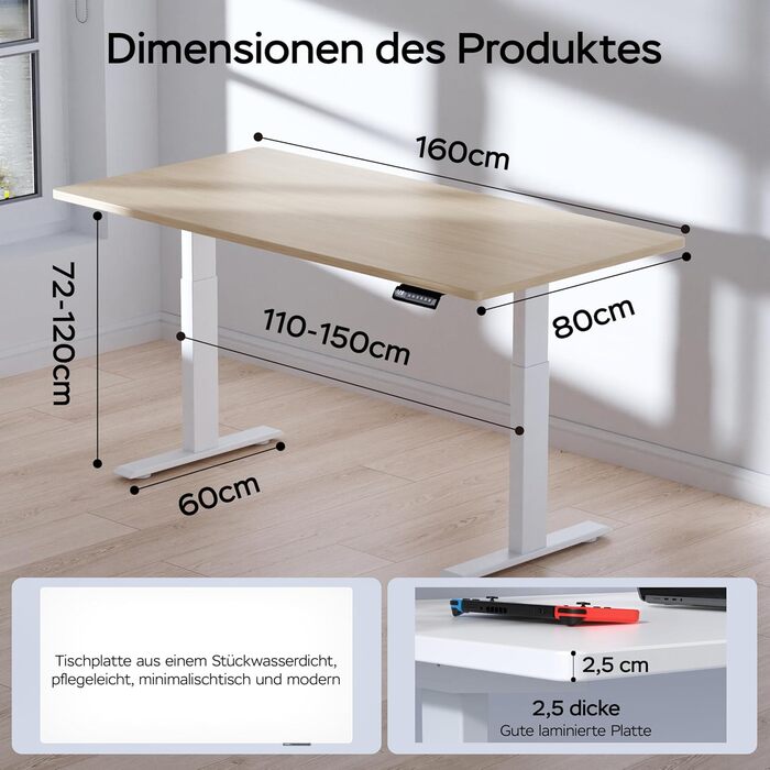 Стіл з регулюванням висоти та двома двигунами, цільна стільниця 25 мм, інтелектуальне керування з 4 налаштуваннями пам&39яті, вантажопідйомність 35 кг, тихий &lt45 дБ (бежевий білий, 160 см x 80 см) Бежевий білий 160 см x 80 см