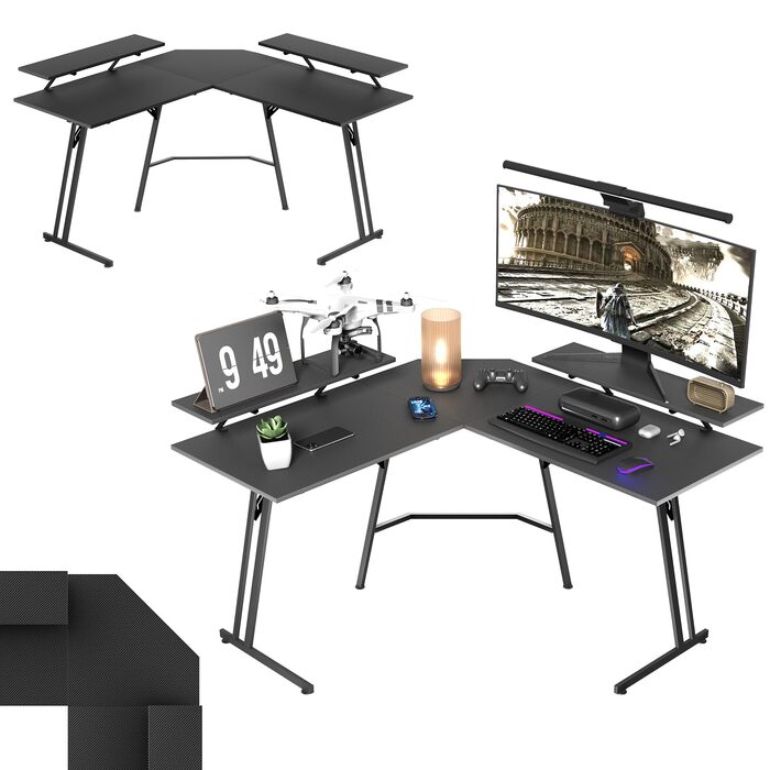 Ігровий стіл UISEBRT L-подібної форми 120 x 120 см з підставкою для монітора, ергономічний великий комп&39ютерний стіл з вуглецевого волокна, кутовий стіл для домашнього офісу - чорний