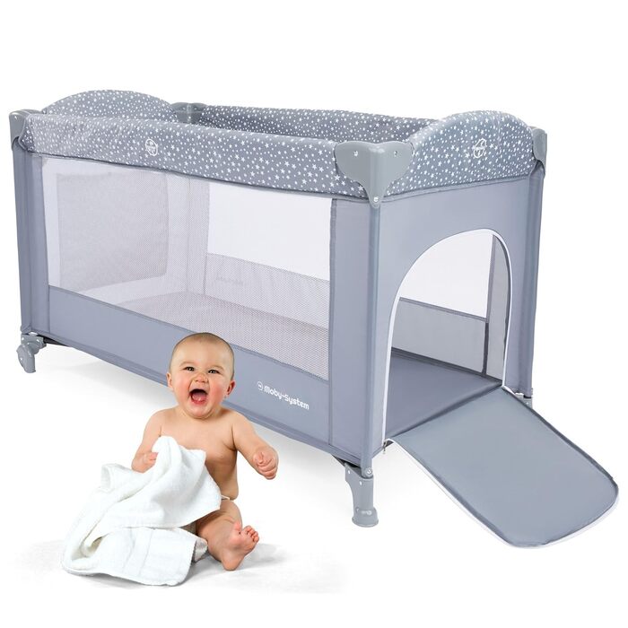 В 1 Дорожнє ліжечко-манеж для малюків Basic Plus, 2 матраци (верхній 0-6 місяців, нижній 6-36 місяців), Складана, Сумка для перенесення, Сірий, 2