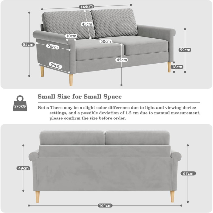 Оксамитовий диван Vesgantti, 2-місний, 164 см диван з кишенями з обох боків, 2-місний диван з 2 подушками та підлокітниками, двомісний диван для вітальні, спальні, офісу, складання без інструментів, 164Д*76Г*85В см, оксамит, сріблясто-сірий