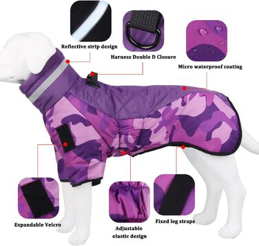 Водонепроникне пальто для собак Vivi Bear, зимовий вітрозахисний теплий жилет для собак із світловідбиваючими смужками та D-подібним кільцем для відпочинку на свіжому повітрі, тренувань, спорту та полювання, 5XL фіолетовий