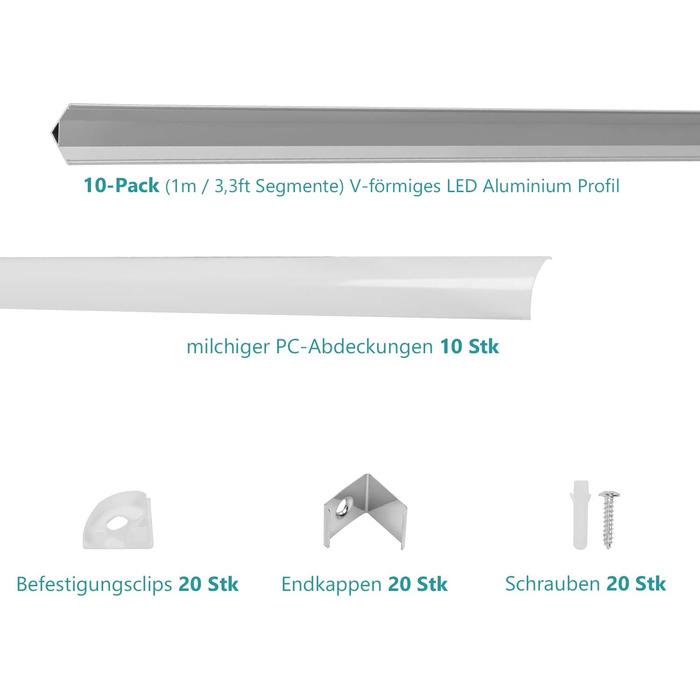 Світлодіодний алюмінієвий профіль Tubiaz, V-подібний світлодіодний профіль 10x1 м, профіль світлодіодної алюмінієвої стрічки, світлодіодні канали для світлодіодних стрічок (шириною до 11 мм), включаючи кришки молочно-білого кольору, торцеві кришки та монт