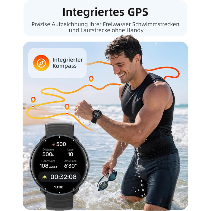Розумний годинник Parsonver для чоловіків та жінок, вбудований GPS, водонепроникний годинник для плавання 5 атм, басейн/відкрита вода, фітнес-годинник з AMOLED-дисплеєм, понад 100 спортивних режимів, серцевий ритм (чорний, 42 мм) Чорний 42 мм