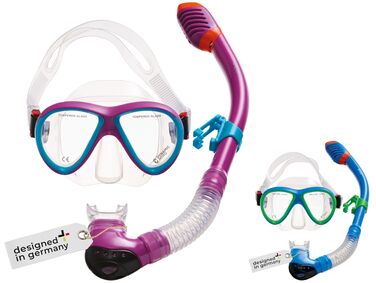 Набір для підводного плавання La Gomera Pro Jr. для дітей Розроблено в Німеччині Професійний силіконовий 2-елементний дитячий дайвінг-набір (маска для підводного плавання, трубка та сітчаста сумка) з сухою трубкою та захисною лінзою рожевого/блакитного ко