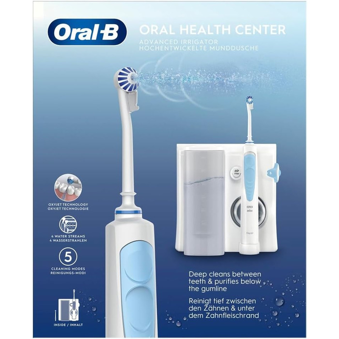 Іригатор для порожнини рота Oral-B Oral Health Center, 2 змінні насадки, очищувач міжзубних прочищувачів для дбайливого чищення зубів і здоров'я ясен, з технологією Oxyjet, 5 рівнів тиску для догляду за зубами, білий/синій