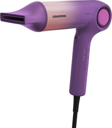 Фен Grundig HD 9480 з іонізацією та високошвидкісним BLDC-двигуном Ефект анти-фриз, дифузор та насадка для стайлінгу 1600 Вт, рожево-фіолетовий