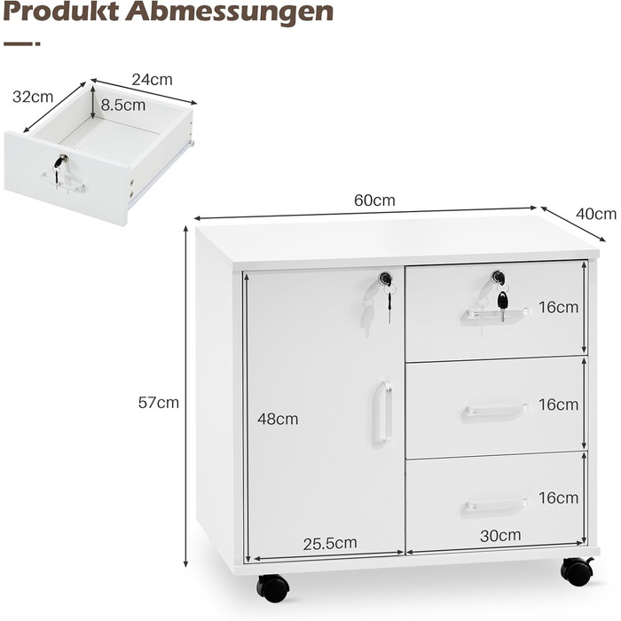 Шафа для файлів TUKAILAI на колесах із замком, мобільна шафа для документів із 3 шухлядами та відділенням, 4 коліщатка, шафа з шухлядами для офісу та домашнього офісу, біла