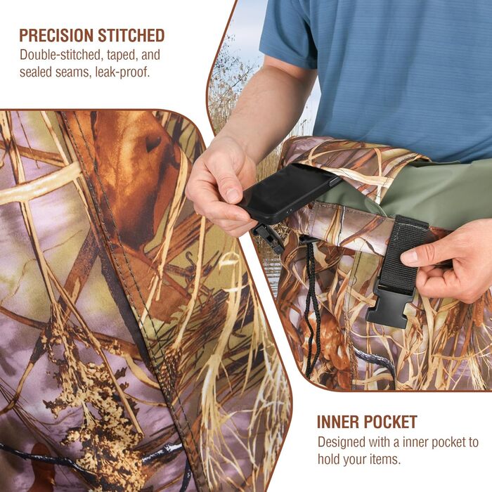 Чоловічі водонепроникні вейдерси, рибальські штани з нейлону/ПВХ з чобітьми, дихаючі вейдерси для риболовлі, полювання, миття автомобіля, фермерства, садівництва, водних видів спорту та активного відпочинку, розмір 40, камуфляж