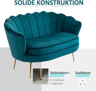 Місний диван HOMCOM з підлокітниками, спинка у формі пелюстки, товста оббивка, сучасний м&39який диван з оксамитовим виглядом, металеві ніжки для вітальні, 130 x 77 x 77 см, темно-зелений, 2-