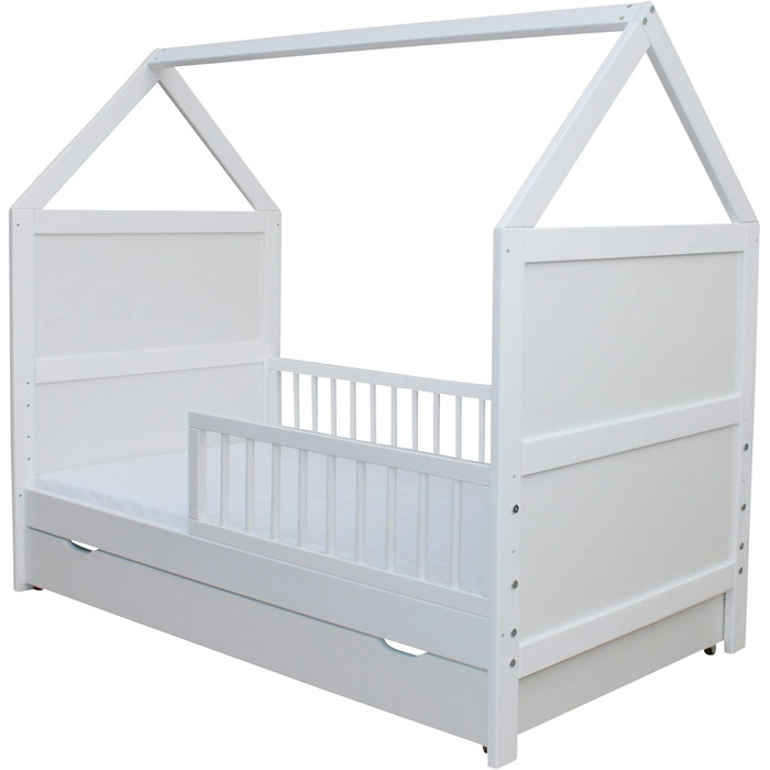 Дитяче ліжко Micoland, дитяче ліжко, дитяче ліжко, ліжко-будинок 140x70 см, опціонально з матрацом та шухлядою, трансформоване, масив дерева, біле, до 6 років (ліжко з матрацом та шухлядою)