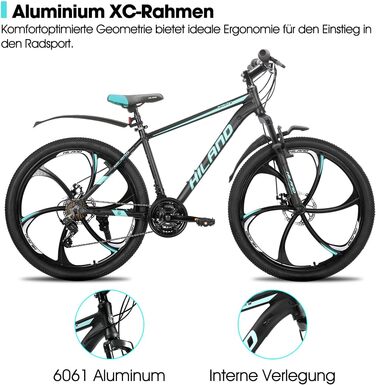 Гірський велосипед для дорослих HILAND 26 дюймів, колеса 3/6 спиць, 18 швидкостей, чоловічий та жіночий гірський велосипед з подвійними дисковими гальмами, велосипед з алюмінієвою рамою 26 дюймів для гірських велосипедів, синій - 6 спиць