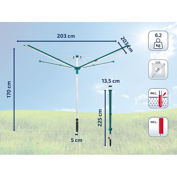 Ротаційна сушильна машина Leifheit Linomatic 500 Deluxe Cover з втягуванням шнура для чистої білизни, парасолька для прання для вс