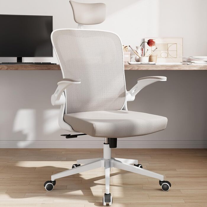Ергономічне офісне крісло Monhey, висока спинка, сітчаста тканина, комп&39ютерне крісло з відкидними підлокітниками, регульованою поперековою опорою та підголівником, обертове крісло для дому та офісу 01beige