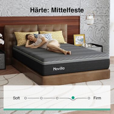 Матрац Novilla Coolmax 140x200 см 7-зонний матрац з холодної піни з гелем та зеленим чаєм, з охолоджувальною тканиною, H3 та H4 середньої жорсткості, висота 30 см, сертифікований Oeko-Tex, дихаючий чохол, який можна прати, 140 x 200 см 30 см