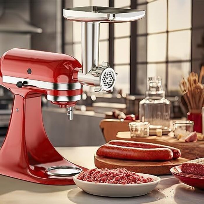 Насадка для м'ясорубки Coolcook для міксера KitchenAid, включаючи 3 ріжки для начинки для ковбаси, 2 шліфувальні леза, 4 шліфувальних диска, м'ясорубку для KitchenAid, легко збирається, зі щіткою для чищення