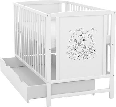 Дитяче ліжко Generic Baby Deluxe 60x120, що трансформується в дитяче ліжко білого кольору, з шухлядою та матрацом з алое вера, регульованою висотою та знімними поручнями (захисна поручень Mia для шухляди)
