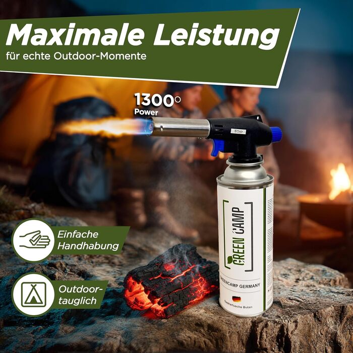 Газовий пальник GREEN CAMP з картриджем 227 г Зварювальний пальник, макс. температура 1300C Паяльна лампа з п&39єзорозпалом Кухонний пальник Бунзена (4 газові картриджі)