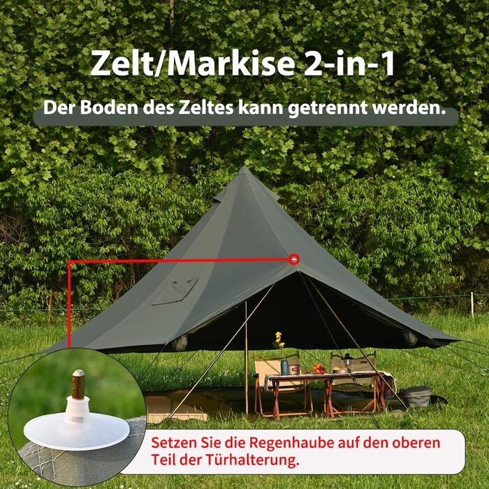 Намет-дзвін з отвором для печі, намет для глемпінгу з бавовни, простора юрта для сімей, кемпінговий намет, сімейний намет, намет-тіпі, намет-вігвам, пірамідальний намет для груп, кемпінг на свіжому повітрі, зелений, 5 м / 6-8 осіб