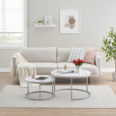 Круглий журнальний столик з мармуру Hitsuki, білий столик для вітальні, комплект із 2 круглих журнальних столиків, срібний бічний столик з металевим каркасом, столик для вітальні, білий мармур та срібний журнальний столик