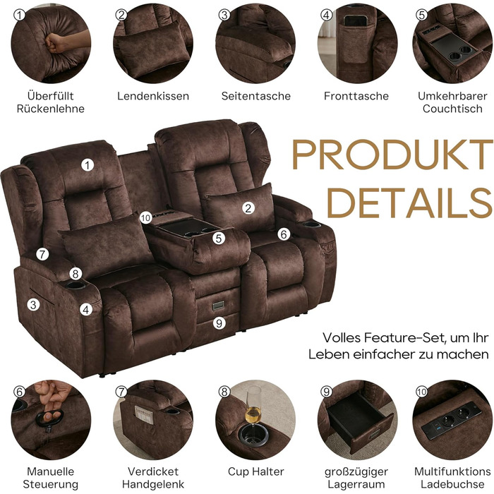 Місний розкладний крісло-реклайнер з функцією відкидання спинки та підставкою для ніг, двомісне крісло для телевізора з консоллю, подвійне кінокрісло з ручним регулюванням вагою до 360 кг (розкладна центральна консоль, коричнева оксамитова тканина) Коричн