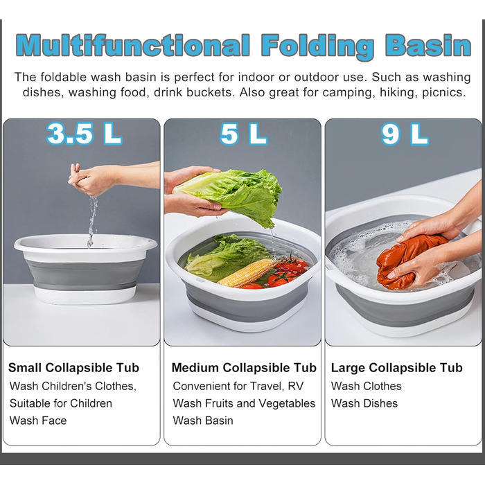 Складана чаша для миття посуду, 5 л, портативний умивальник, силіконовий пластиковий кошик, багатофункціональний туристичний умивальник, кемпінгова раковина, компактна складна ванна (сіра) 5 л Сірий