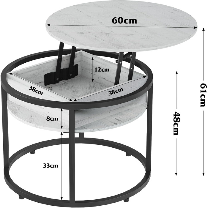Круглий журнальний столик WLIVE з підйомною стільницею, стіл для вітальні з регульованою висотою та місцем для зберігання, 60 x 60 x 50 см, журнальний столик для вітальні, балкону та офісу (дуб, діаметр 60) Дуб, діаметр 60