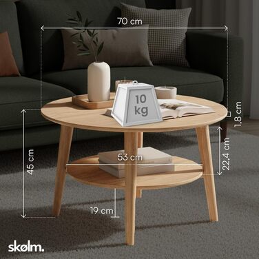 Круглий журнальний столик Skølm Mjlnir Ø70 см стіл для вітальні з масиву дуба диванний столик з 2 полицями невеликий журнальний столик, натуральне промаслене покриття дерев&39яний стіл для вітальні з місцем для зберігання круглий журнальний столик з натур