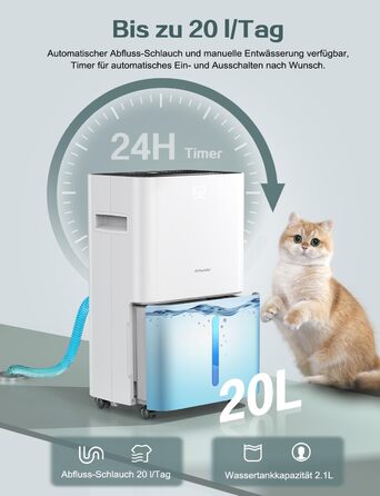 Електричний осушувач повітря 20 л/24 год, розмір кімнати приблизно 200 м, осушувач повітря в квартирі зі світлодіодним/цифровим дисплеєм, сушіння білизни, 24-годинний таймер, ручка, замок безпеки від дітей.