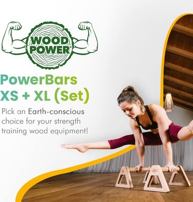 Дерев&39яні паралелети WOODPOWER PowerBars для віджимань, дерев&39яні ручки для віджимань, стійка на руках, йога та калістеніка, нековзні, для використання в приміщенні та на вулиці, безпечні для суглобів, НАБІР (XS XL) чорного кольору