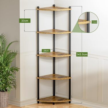 Кутова полиця Ruichang, стояча, 5 ярусів, книжкова полиця, окремостояча полиця, полиця для зберігання, стелаж для кухні, ванної кімнати, вітальні, офісу, 143,5 x 29 x 29 см, чорний