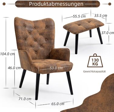 Крісло AVAWING з пуфом для ніг, крісло з відкидною спинкою, крісло під телевізор з ніжками з каучукового дерева, крісло-реклайнер, крісло для вітальні, спальні, офісу, мікрофібра, коричневий